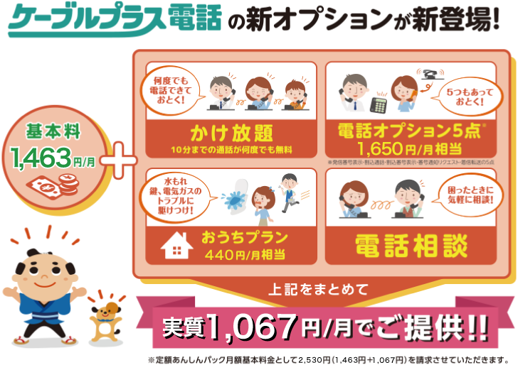 基本料1,463円/月＋何度でも電話できておとく！かけ放題10分までの通話が何度でも無料、5つもあっておとく！電話オプション5点1,650円/月相当※発信番号表示・割込通話・割込番号表示・番号通知リクエスト・着信転送の5点、水もれ・鍵・電気ガスのトラブルに駆けつけ！おうちプラン400円/月相当、困った時に気軽に相談！電話相談。上記を纏めて実質970円/月でご提供!!※定額あんしんパック月額基本料金として2,300円（1,463円＋1,067円）をご請求させていただきます。