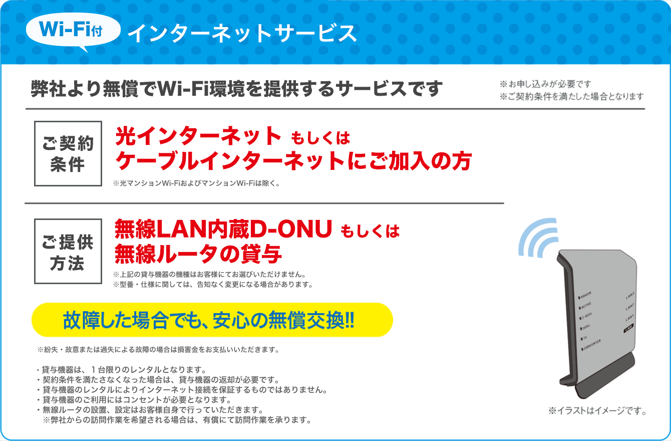 光インターネットもしくはケーブルインターネットにご加入の方（光マンションWi-FiおよびマンションWi-FIは除く。）に無線LANルータ内蔵D-ONUもしくは無線ルータの貸与。