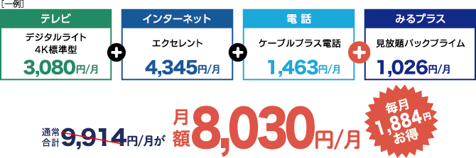 [一例]テレビデジタルライト４K標準型2,800円/月＋インターネット　エクセレント3,950円/月＋電話ケーブルプラス電話　1,330円/月＋みるプラス見放題パックプライム　933円/月　通常合計9,013円が月額7,300円/月毎月1,713円お得